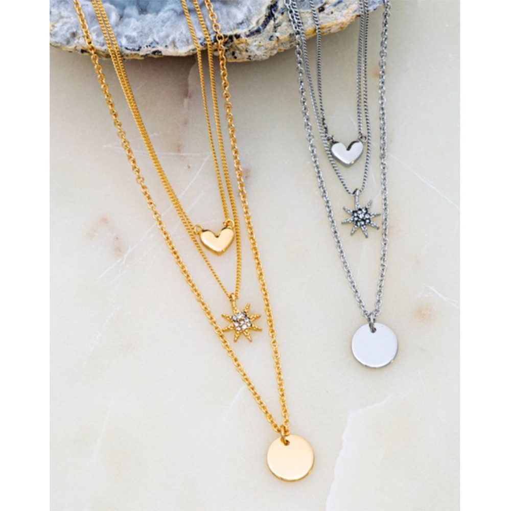 Silver Three Row Star Heart Disk Charm Necklace - Picture 2 of 3